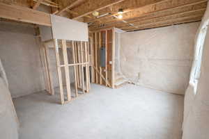Unfinished below grade area featuring electric panel
