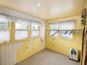 Unfurnished dining area with light colored carpet