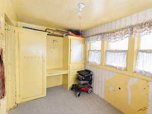 Bedroom with light colored carpet