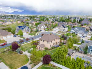 Aerial view of residential area with a mountainous background