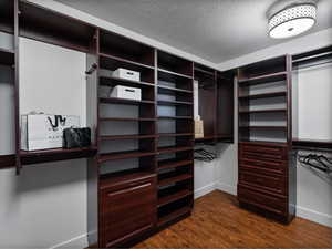 Walk in closet featuring dark wood-type flooring