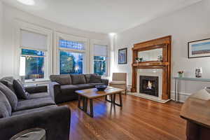 Living area with dark wood finished floors and a tiled fireplace
