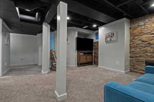 Finished below grade area with carpet and baseboards