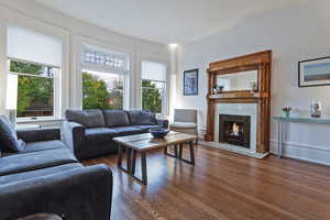 Living area with dark wood-style floors and a tile fireplace