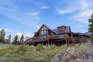Rear view of house with a deck and a metal roof