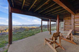 View of patio with a mountain view