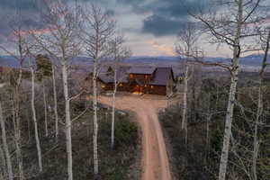 View of front of house with a metal roof, log exterior, and a mountain view