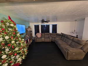 Living area with a textured ceiling, a ceiling fan, and dark wood-style floors