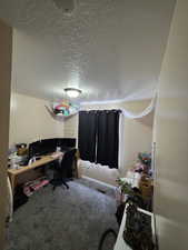 Office area with a textured ceiling and carpet floors