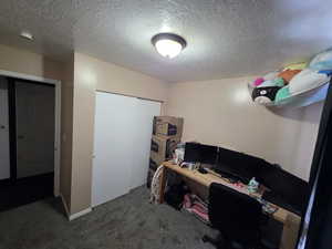 Office featuring a textured ceiling and dark carpet