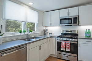 Kitchen featuring stainless steel appliances, white cabinetry, light wood-style floors, and recessed lighting