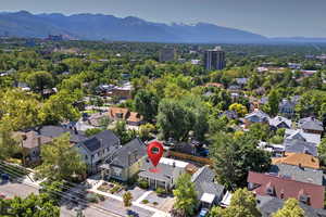 Bird's eye view of a mountainous background