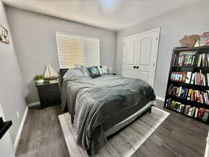 Bedroom with dark wood-type flooring and a closet
