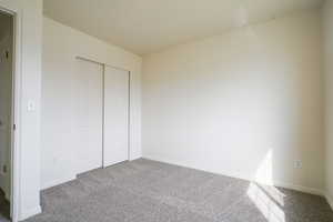 Unfurnished bedroom featuring carpet and a closet