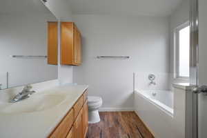 Bathroom featuring vanity, a bath, and dark wood-style floors