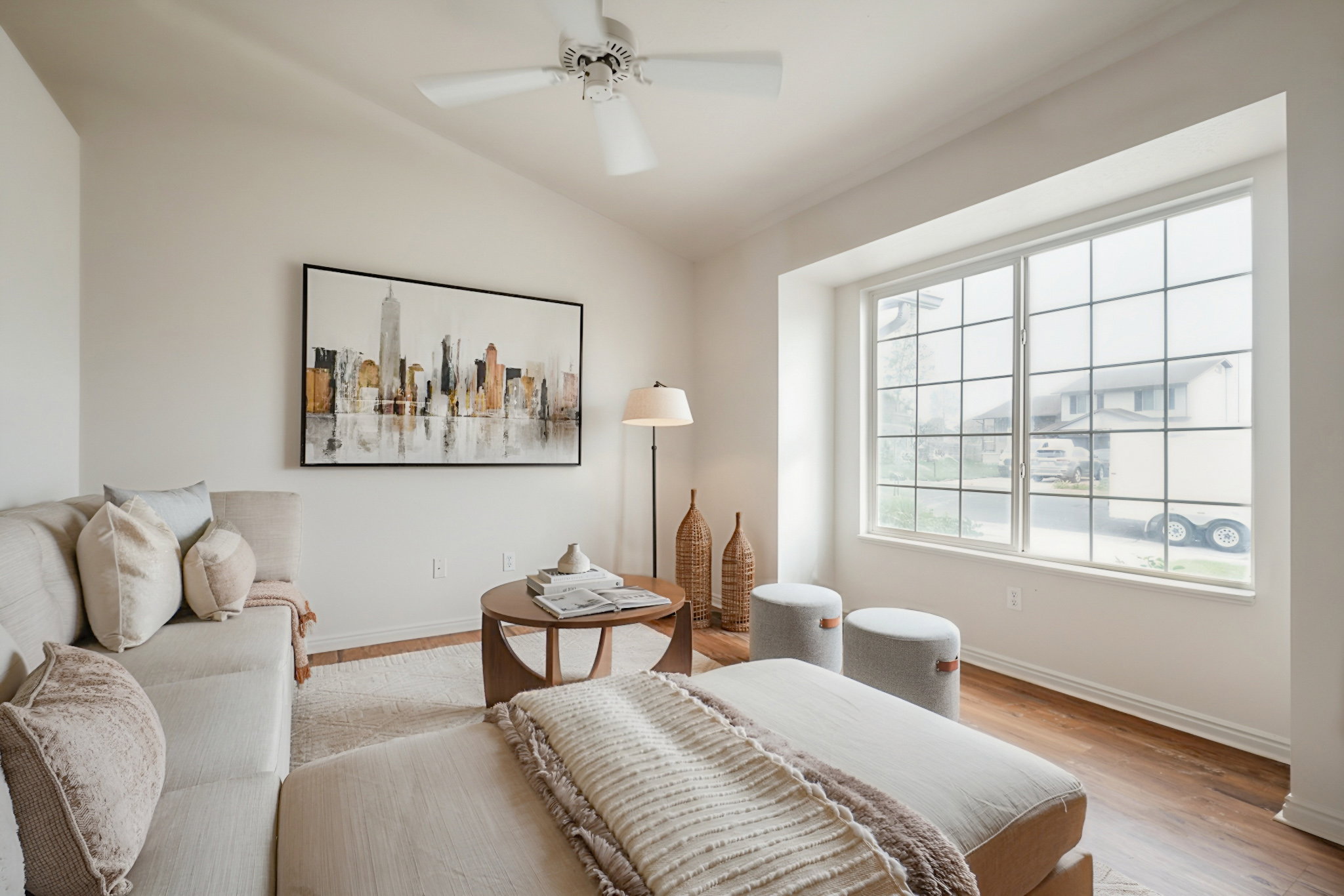 Bedroom with wood finished floors, lofted ceiling, and ceiling fan