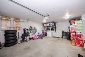 Garage with fridge and a garage door opener