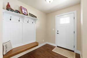 Mudroom with dark wood-style flooring and baseboards