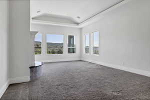 Carpeted spare room with recessed lighting, vaulted ceiling, and a raised ceiling