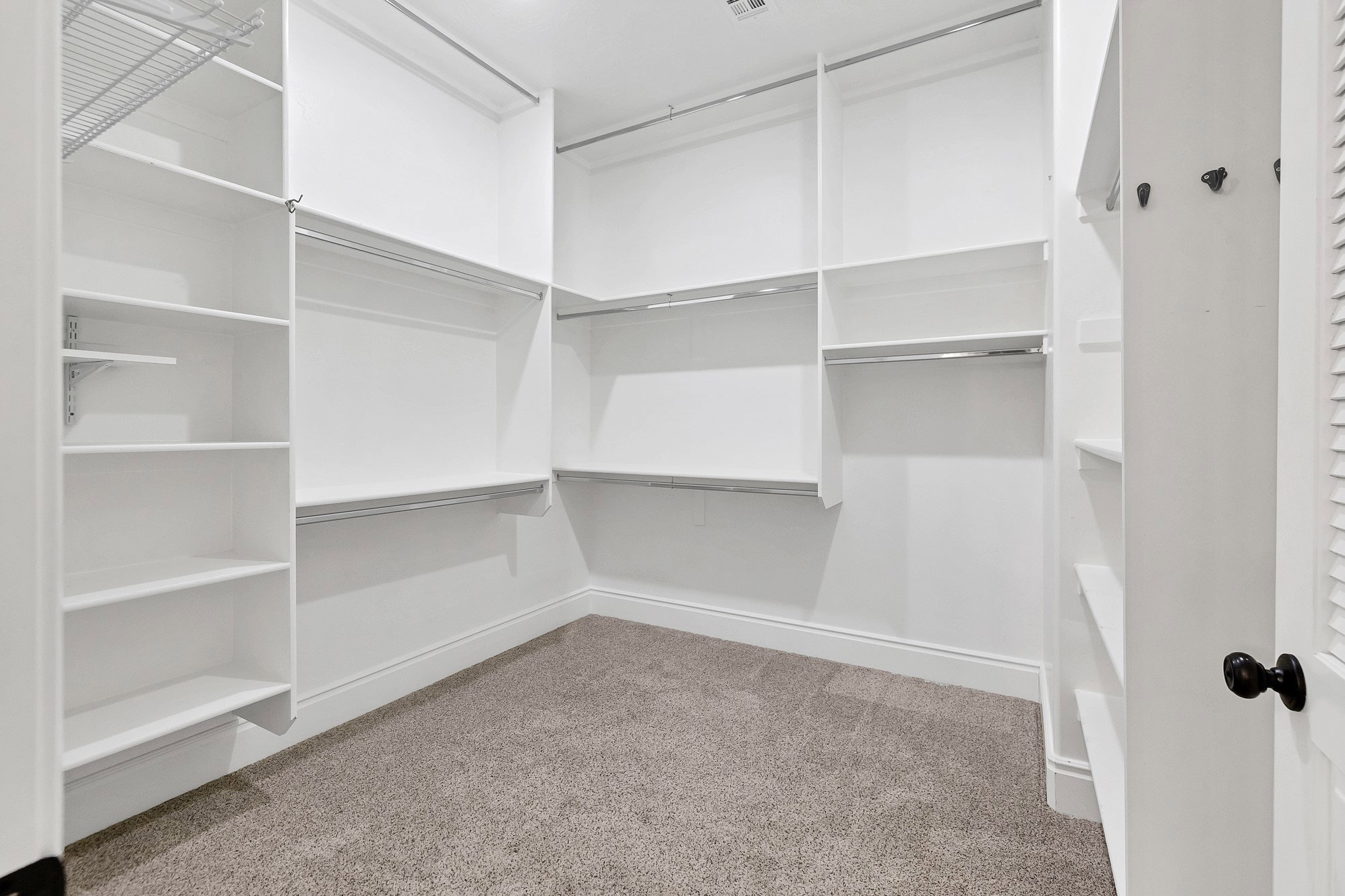 Walk in closet with light colored carpet