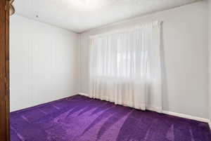 Unfurnished room with dark colored carpet and a textured ceiling
