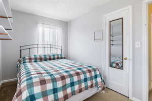 Carpeted bedroom featuring baseboards and a textured ceiling