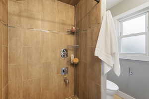 Full bath with toilet and a shower stall