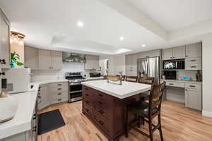 Dual tone kitchen featuring a breakfast bar area, a raised ceiling, light wood-style flooring, stainless steel appliances, and a center island