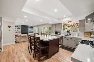 Kitchen with a breakfast bar, a kitchen island, open floor plan, a raised ceiling, and gray cabinets