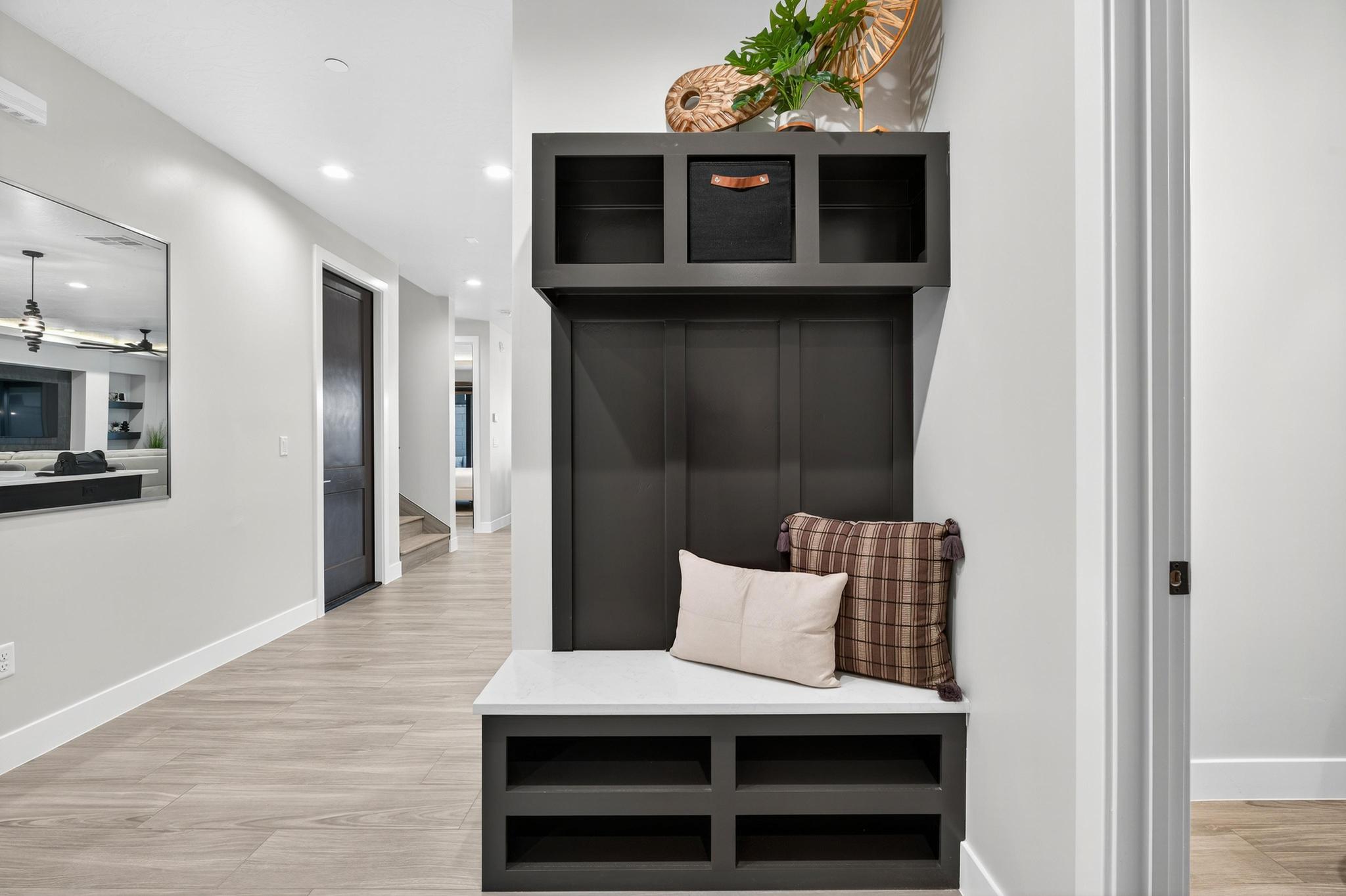 Mudroom with light wood-type flooring, recessed lighting, and ceiling fan