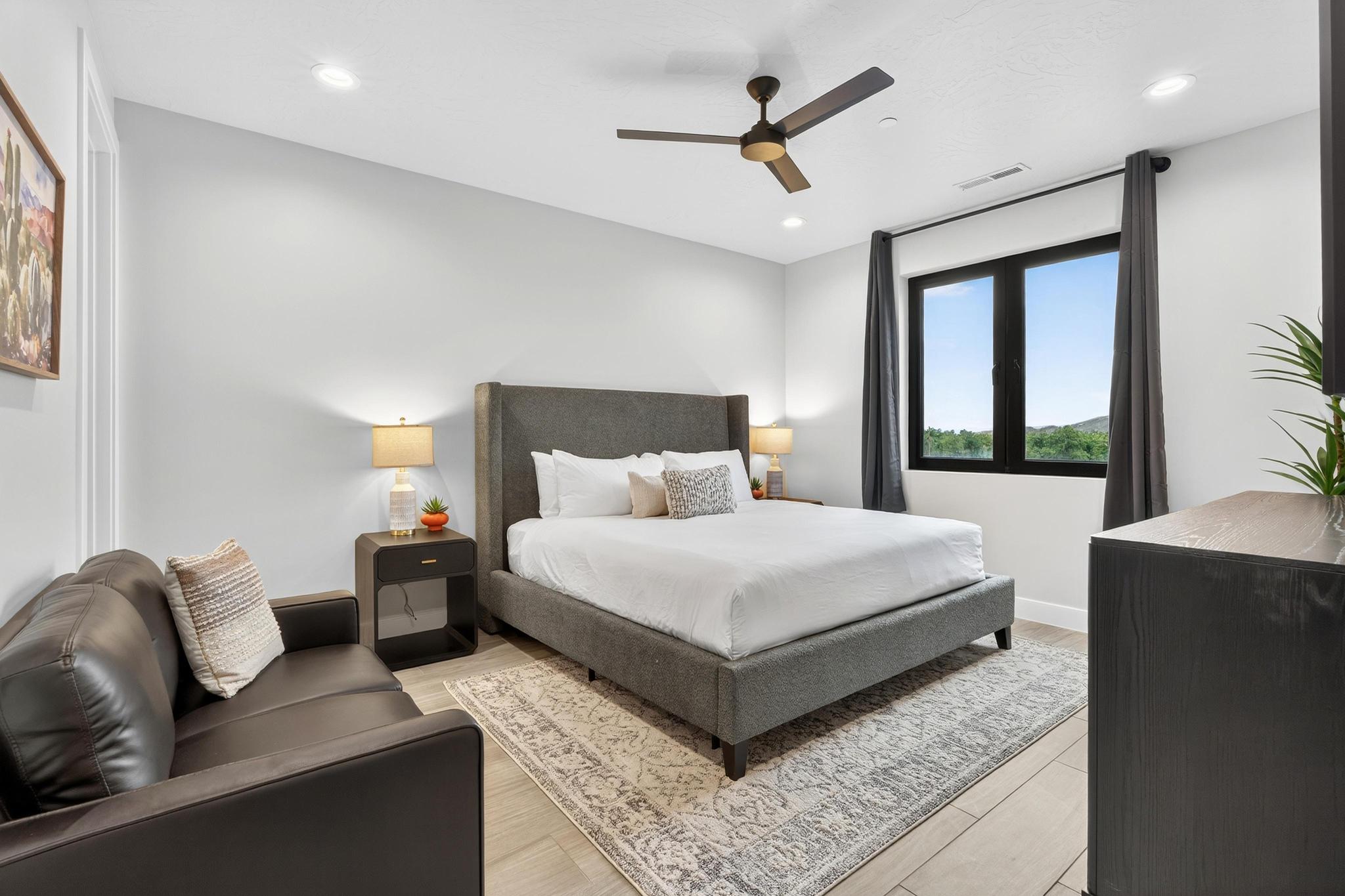 Bedroom featuring ceiling fan, light wood-style flooring, and recessed lighting