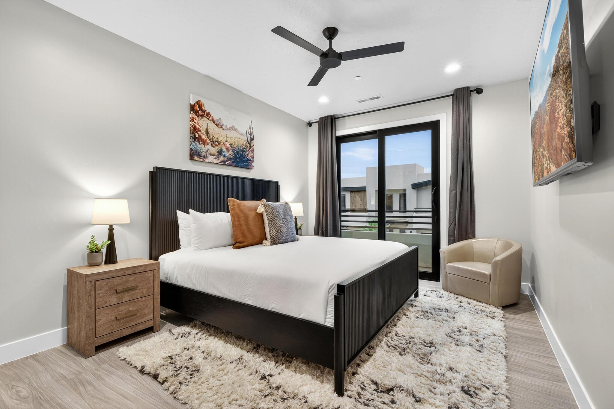 Bedroom featuring ceiling fan, light wood finished floors, and recessed lighting