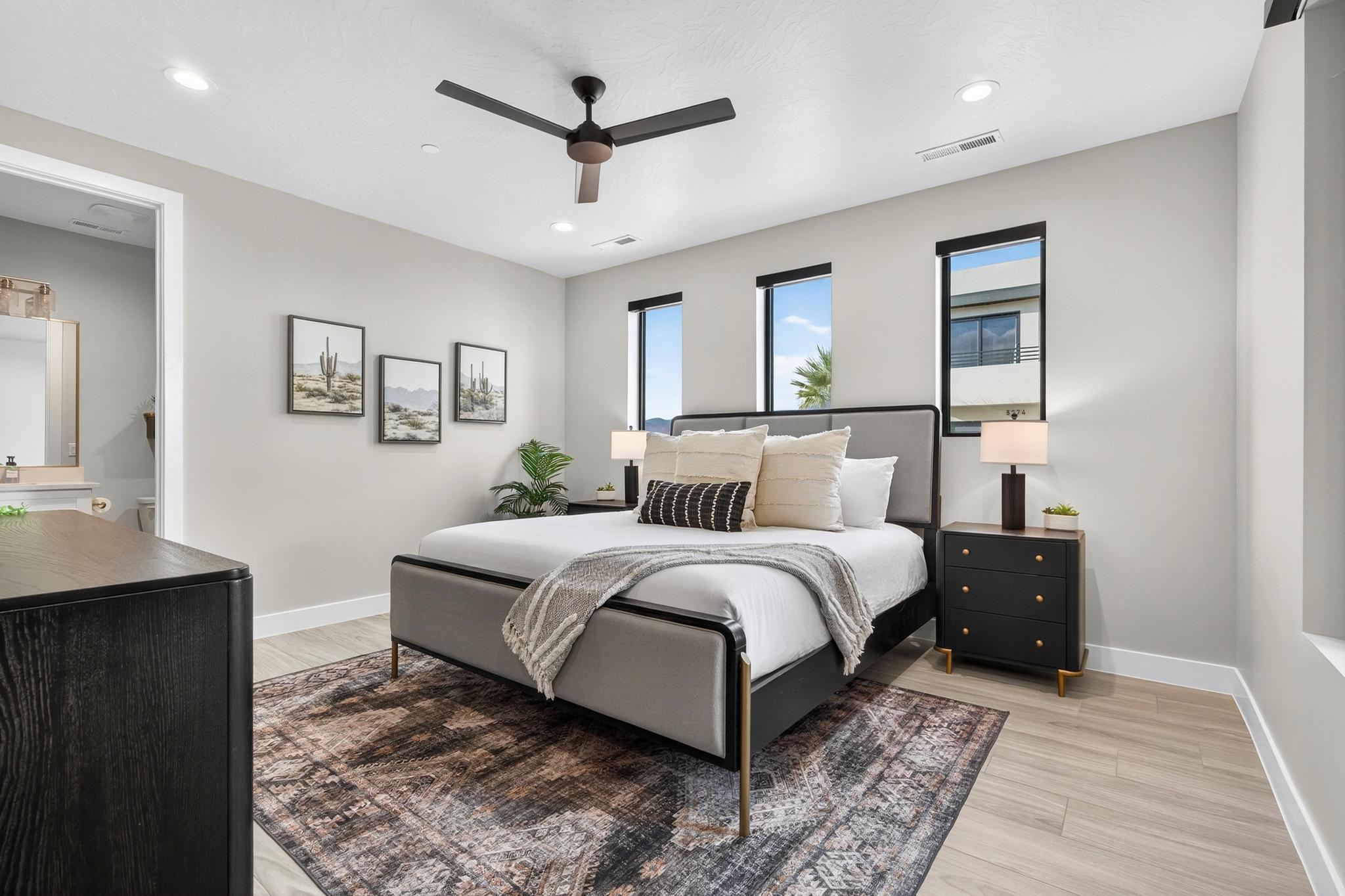 Bedroom with ceiling fan, light wood-type flooring, and recessed lighting