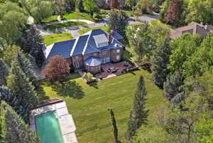 View from above of property featuring a tree filled landscape, pool and huge yard.