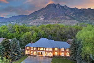 View of mountain background and wooded grounds.