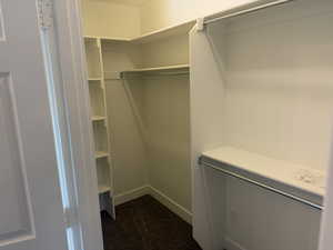Walk in closet with dark carpet