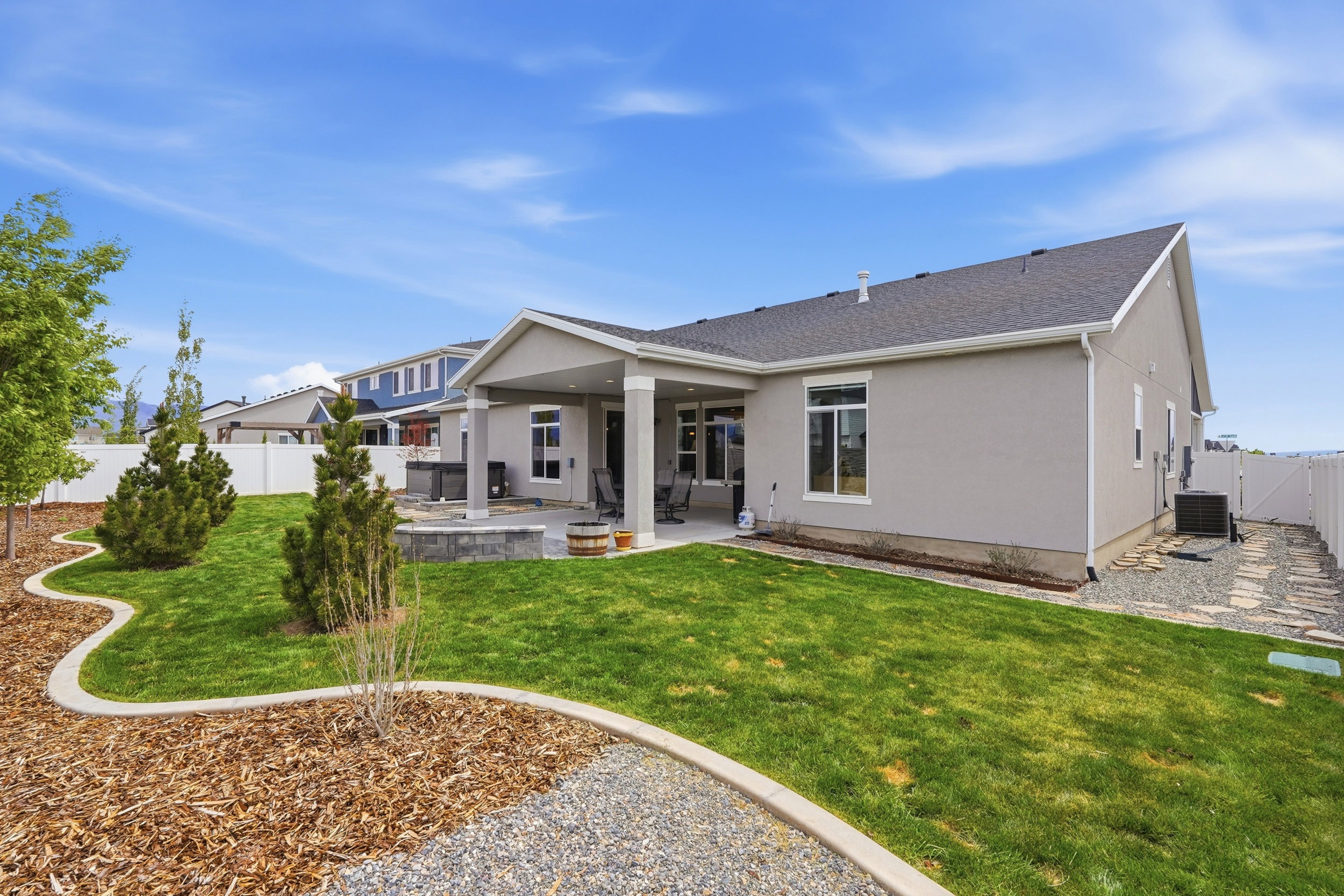Back of house featuring a fenced backyard, a patio, stucco siding, a gate, and roof with shingles