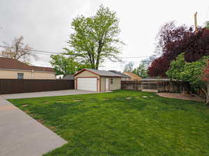 Fenced backyard with an outbuilding and a detached garage