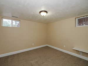 Carpeted spare room with baseboards and a textured ceiling