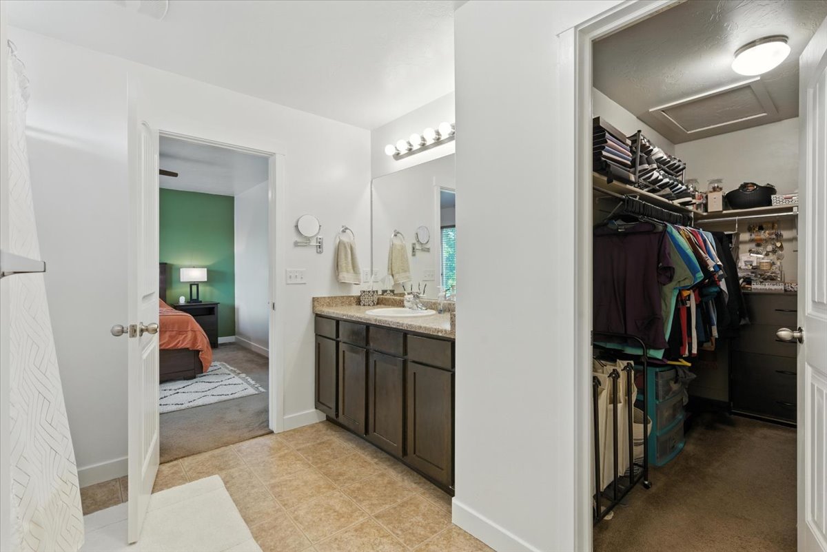 Ensuite bathroom featuring vanity, light colored carpet, and a spacious closet