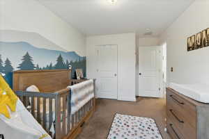 Bedroom featuring a nursery area, a closet, and light colored carpet
