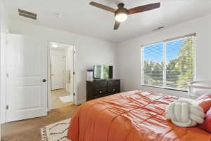 Carpeted bedroom with ensuite bathroom and ceiling fan