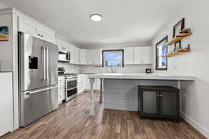 Kitchen with a peninsula, stainless steel appliances, and  white cabinets