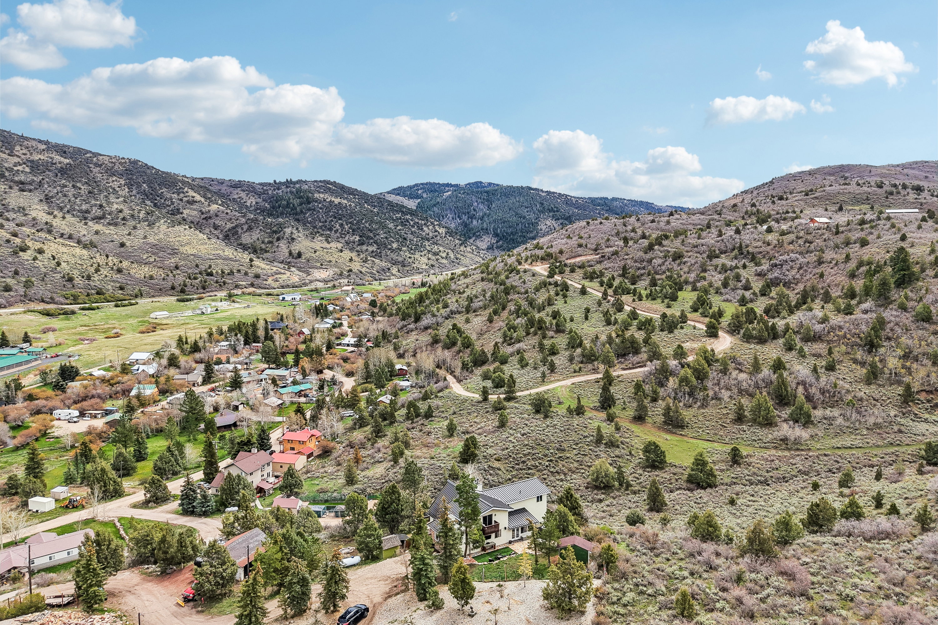 Drone / aerial view of a mountainous background