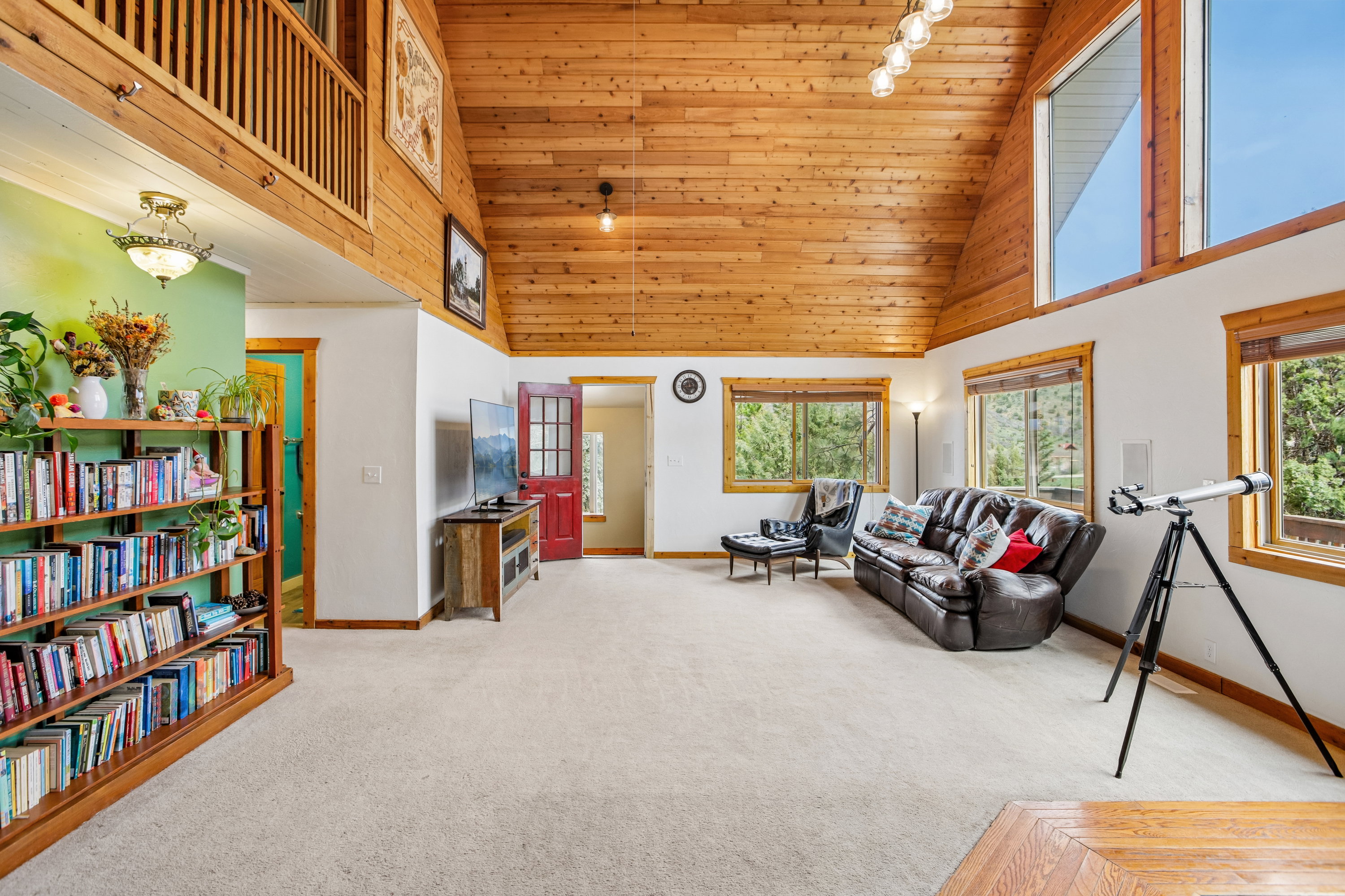 Living room featuring light carpet, rail lighting, and a vaulted wooden ceiling