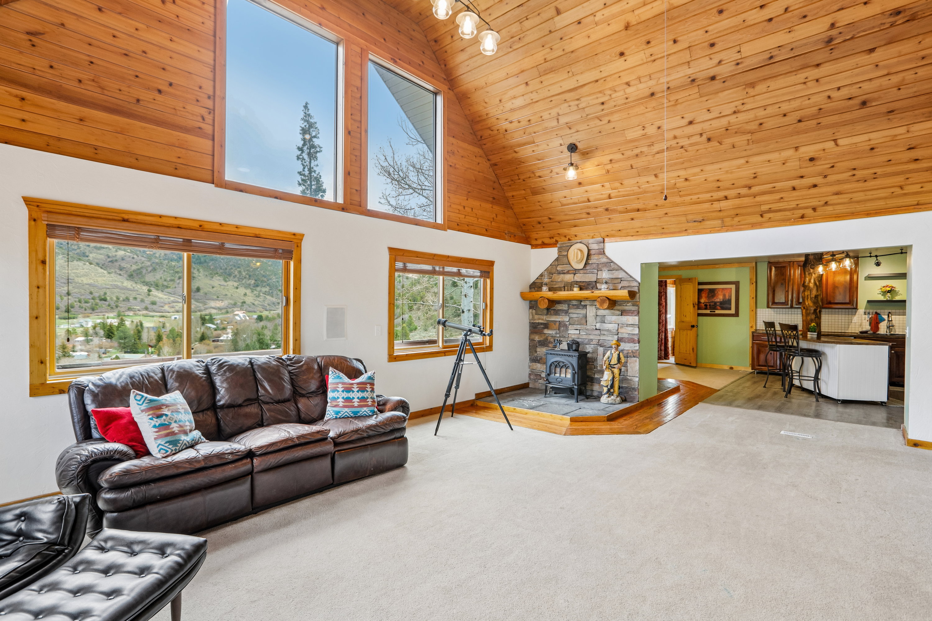 Carpeted living area featuring a wood stove, a vaulted wooden ceiling, and rail lighting
