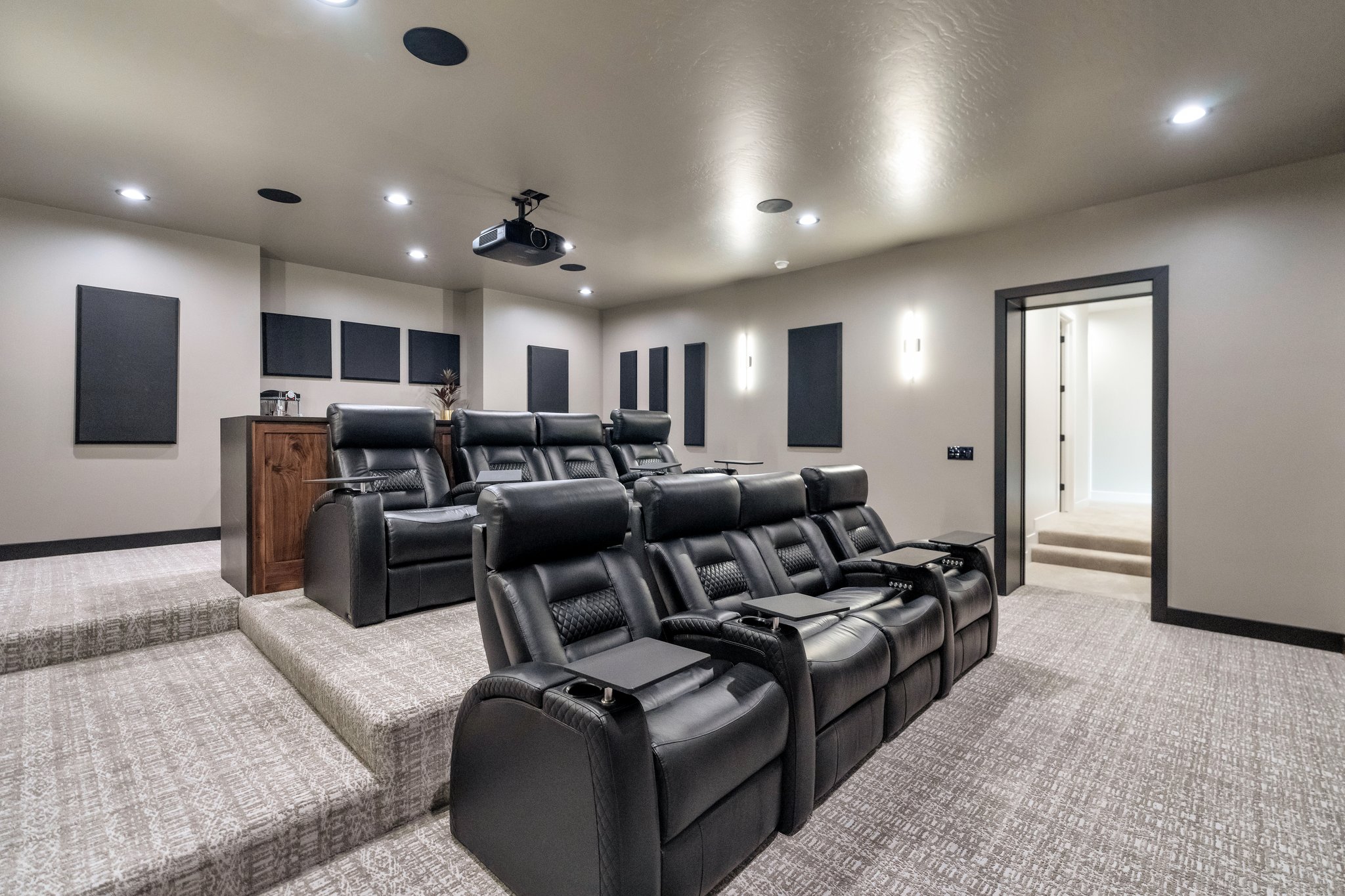 Cinema featuring light carpet and recessed lighting