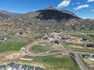 Aerial perspective of suburban area with a mountain backdrop