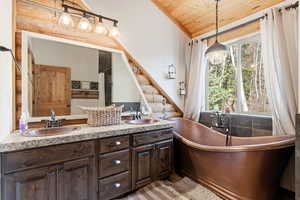 Full bathroom featuring double vanity, wood ceiling, and a soaking tub