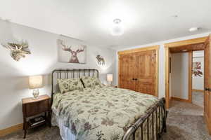 Carpeted bedroom with baseboards and a closet
